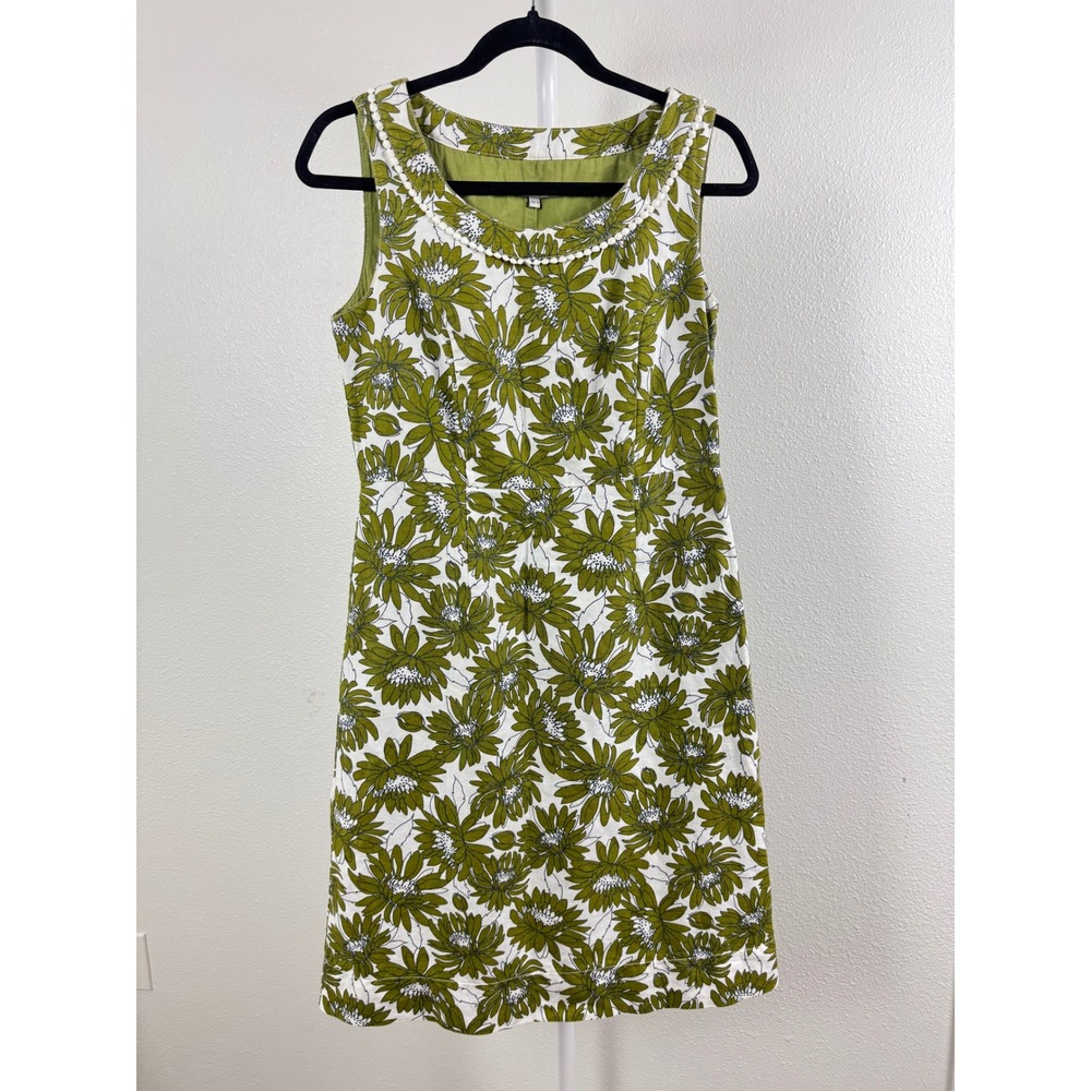 Laura Ashley Green Floral Sleeveless Shift Dress Pom Pom Neckline